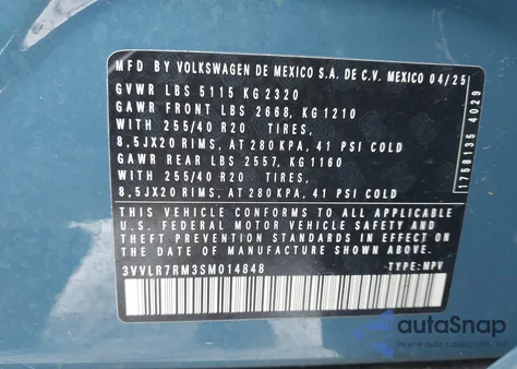 2025 Volkswagen Tiguan 2.0T Sel R-Line z USA, uszkodzony, nr VIN 3VVLR7RM3SM014848